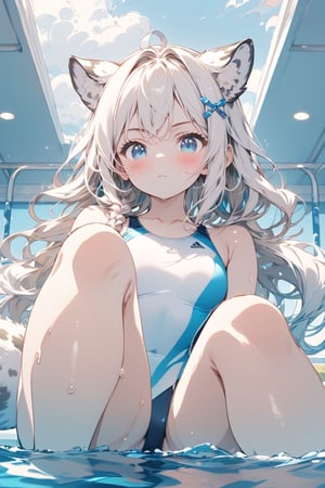 //quality, masterpiece:1.4,detailed:1.4,best quality:1.4,//,1girl,solo,//,white leopard_ears,white tail,white leopard tail,hairstyle, white hair,long_hair,single braided,braided_hair,shiny_hair,sidelocks,blue_eyes, detailed eyes, shiny_skin,//,hair_ornaments,ornaments,(white swimsuit),competition swimsuit,wet,wet_legs,//,serious,blush,looking_down,looking_at_viewer,closed_mouth,//,crossed_legs,sitting by the pool,//,swimming_pool,from_below,competitive swimsuit,Colorful art,Vivid Colors