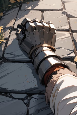 //quality, masterpiece:1.4, detailed:1.4,best quality:1.4,//,pov,pov hand on ground,fist, white sleeves,gauntlets,//,stone road, Europe medieval,from_above,