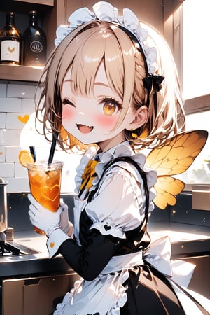 //quality, masterpiece:1.4, detailed:1.4, best quality:1.4,//,1girl,solo,loli,//,(yellow hair),short_hair,yellow eye,one_eye_closed,(winking),//,(bee_wings),(hearts_symbols),bow,maid headband,hearts_symbols, white maid_costume, white gloves,//, blush, mouth_open, smile,cute_fangs,//,holding drinks,//,indoors, 
kitchen,Deformed,from_side,Details,Detailed Masterpiece