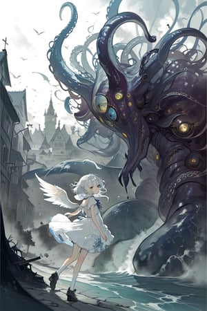 //quality, (masterpiece), (detailed), ((,best quality,)),//,loli,lolita_fashion, Revised prompt:
Prepare to be enchanted by the mesmerizing depiction of a young angelic girl with six pairs of angel wings. Her flowing white hair cascades over one eye, accentuating her innocent beauty. The presence of an ahoge adds a playful touch to her appearance. With mesmerizing heterochromia iridum, her eyes captivate with their mismatched colors. 

Tilting her head with a hint of curiosity, she dons a charming lolita-inspired outfit that perfectly complements her ethereal aura. As she looks back, a captivating sense of nostalgia and innocence is conveyed. 

The backdrop of the artwork reveals a city in chaos, ravaged by the monstrous tentacles of a Lovecraftian creature. Through a perspective that offers a glimpse from behind, the destruction and turmoil of the city are vividly portrayed. 

A close-up portrait of the angelic girl showcases the impeccable attention to detail, allowing viewers to appreciate the intricate craftsmanship of this masterpiece. This artwork promises exceptional quality, capturing the delicate beauty and intricacies of the scene with meticulous precision.//, ,aesthetic