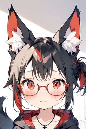 //quality, masterpiece:1.4, detailed:1.4, ,best quality:1.4, //, 1girl, cute,solo,Tekeli,//,black fox ears,animal ear fluff,black fox tail,black hair,red inner hair,short ponytail,sidelocks,red eyes,collarbones,small_chest,//,red_glasses,cross_necklace, black hoodie,hood_down,//,(blushing),blush,sweat_drop,stripes of blushing,flushed,wavy_mouth, embarrassed, surprised,looking_at_viewer,//, (spoken_ellipsis) ,close-up portrait,upper_body,(holding white lace-trimmed panties),presenting panties,(straight-on),//,indoor, detailed room background,(holding panties)