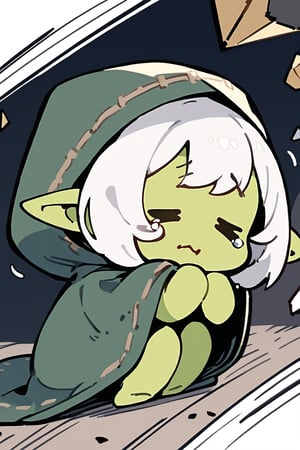 //quality, masterpiece:1.4, detailed:1.4,best quality:1.4,//,(doodle style),//,goblin,pointed_ears,(((green skin))),1girl,solo,white hair,//, medieval clothes,hood up, green cloak,//, scared,worried, tearing_up, wavy_mouth,sweat_drops,closed_eyes,> <,,>_<,><,hands behind head, arms_behind_head,arms_raised, kneeling,fetal position,from_side, profile, //,(many flying debris),flying debris with action lines,flying stone with action lines, white background,doodleredm,cute,wide_shot, simple background, white background 