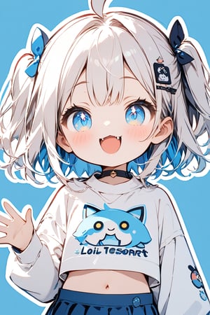 Σ(*ﾟдﾟﾉ)ﾉ The TensorArt-chan//,quality, masterpiece:1.4, detailed:1.4, best quality:1.4,//,1girl,solo,loli,cute,//,(short twintails),two side up,white hair,blue inner hair,ahoge,hair accessories,small chests,blue eyes,beautiful detailed eyes,glowing eyes,navel,//fashion,crop top,white top wear with logos,long sleeves,blue skirt,//,blush,smile,cute_fangs,looking at viewer, straight-on,waving,//,blue_background,simple_background,close up portrait,upper_body,stickers,outline ,Deformed,sticker,chibi,chibi style,((Chibi character)),top wear with title text read as "TENSORART"