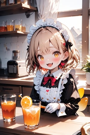 //quality, masterpiece:1.4, detailed:1.4, best quality:1.4,//,1girl,solo,loli,//,(yellow hair),short_hair,yellow eyes,//,(bee_wings),(hearts_symbols),bow,maid headband,hearts_symbols,(white maid_costume), white gloves,long_sleeves,//, blush, mouth_open, smile,cute_fangs,//,(holding drinks),lots of juice,lots of drinks,many drinks,(lots of glass of juice),//,indoors,kitchen,Deformed,Details,Detailed Masterpiece