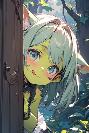 //quality, (masterpiece:1.4), (detailed), ((,best quality,)),//1girl,loli,cute,//,(light green goblin_ear:1.3),(,light green skin:1.4),medium_hair, straight_hair, detailed eyes,//,lolita,//,(tongue out:1.2), (smiling:1.2),naughty_face,looking_at_viewer,//,peeking out,(,peeking out upper body :1.4), (tree:1.2),//,forest,plant,leaf, flowers,tattoo,face tattoo,peeking out upper body,scenery,