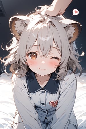 //quality, masterpiece:1.4, detailed:1.4,best quality:1.4,//,1girl,solo,//,raccoon girl,gray raccoon ears,gray raccoon tail, animal ear fluff,gray hair, messy hair,ahoge, medium hair, brown eyes,detailed eyes,//,hair_accessories,accessories,pajamas,//,blushing, smile,closed_mouth,one_eye_closed,//,on bed,(spoken heart),(heart),<3,heart_(symbols),//,indoor,dark background, bedroom,face focus,headpat, pov hands,pov,pov girl hand, pov hand with white sleeves 