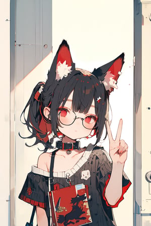 //quality, (masterpiece:1.331), (detailed), ((,best quality,)),//, comic,/,1girl,solo,cute,loli,//,(black fox ears:1.331),animal ear fluff,hairstyle, (black hair:1.21),(red hair1.1),(colored inner hair:1.331),(short ponytail:1.1),sidelocks, beautiful detailed eyes,((red eyes:1.3)),(bags_under_eyes:1.4),(glasses:1.3),(,flat_breasts,),//,fashion,hood,cat_collar,collarbone,//, sleepy,=_=,//,((((hand_up,v, v-sign)))),looking_at_camera,upper_body,(straight-on:1.331),//,emo,cute knight,kawaii knight