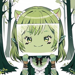 //quality, (masterpiece:1.4), (detailed), ((,best quality,)),//1girl,chibi,//,(goblin_ears:1.3),(green skin:1.4), medium_hair, straight_hair,//, lolita,//, smile,//,holding paper,//, forest , body tattoo, face tattoo ,PaperLikeFace