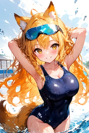 //quality, masterpiece:1.4,detailed:1.4,best quality:1.4, //,1girl, solo,//, yellow dog ears, animal ear fluff, yellow dog tail, hairstyle, yellow hair, long hair, wavy hair, bangs, yellow eyes, detailed eyes,((large chests)),armpits,collarbone,//,goggle_on_head, school_swimsuit, sukimizu,wet, wet hair, sleeveless, covered_navel,//,blush, smile, grinning, //,one hand adjusting hair,hand_raised,arms_up, arms_raised, arms_outstretched,//,(water splash),swimming_pool,on water,competitive swimsuit,Colorful art,Vivid Colors,ink paint