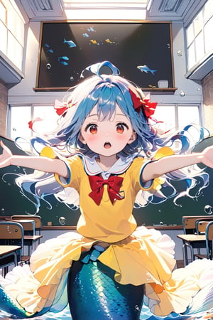 //quality, (masterpiece:1.4), (detailed), ((,best quality,)),//1girl,(mermaid:1.4),(loli:1.3), child,cute,//,(blue_hair:1.3),ahoge,floating_hair, detailed_eyes,(red eyes:1.2),//,bows,frilled,(yellow kindergarten uniform:1.3), yellow dress,//,mouth_open,//,(outstretched arms,spread arms:1.4),(facing_viewer, straight-on:1.4),//,(classroom:1.4), (wall:1.1), (blackboard:1.3),(indoors:1.3),detailed room, underwater,(fish:1.2), bubbles,close_up,(comic:1.4)