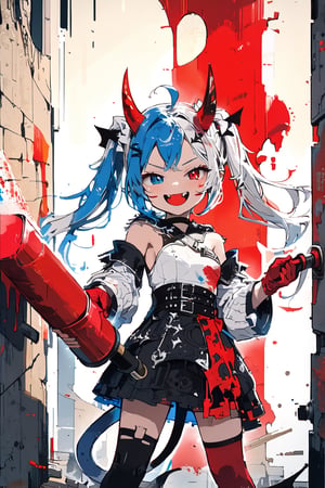 [Evil 😈TensorArt-chan:0.00]//quality, (masterpiece:1.331), (detailed), ((,best quality,)),//,//,1girl,solo,loli,//,(short twintails:1.331),(white hair:1.3),(blue hair:1.2),(colored inner hair:1.4),ahoge,glowing_hair,(demon horn:1.331),hair_accessories,(covered small_breasts:1.331), beautiful detailed eyes,glowing eyes,(blue eyes:1.21),(red eyes:1.1),(heterochromia:1.4),//,fashion,white jacket with logos,white crop top,blue bottom wear,red and blue gloves,(devil_tail:1.331),//,(,naughty_face:1.21),(smirk:1.331),(fangs,),facing at viewer,//,(((girl holds a huge red paint roller in her hands))),wall painting,(hands_up),,(wall:1.331),(back_against_wall),//(glitch effect: 1.331),(puzzle),straight-on,//,scenery,ink,cute knight