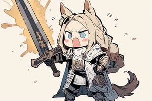 //quality, masterpiece:1.4, detailed:1.4, ,best quality:1.4,//,1girl,(doodle style),knight,//,blonde_hair:1.3, long hair,(single braid),horse_ears,forehead,horse_tail, blue eyes,//,detailed white armor,white cloak,gauntlets,leather_belt,//,angry, mouth_open,//,holding sword, battle stance,raised arms,//, simple_background,white background,doodleredm,cute knight,