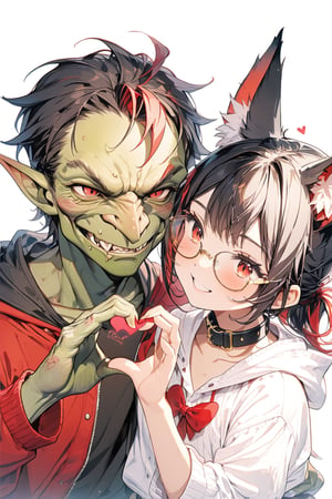 //quality, (masterpiece:1.331), (detailed), ((,best quality,))//,(((,girl and guy,goblin,)),BREAK ,loli,//,(black fox ears:1.3),animal ear fluff,hairstyle, (black hair:1.2),(red hair1.1),(colored inner hair:1.3),(short ponytail:1.1),sidelocks, beautiful detailed eyes,((red eyes:1.3)),(glasses:1.3),//,fashion,hood,cat_collar,collarbone,(fox_tail:1.2),//,blushing,:), smiling,//,(heart),(heart hand,1girl and 1guy,heart hand duo:1.4),AND,(1old man, black-hair,green skin, goblin),//,upper_body,emo,goblin,