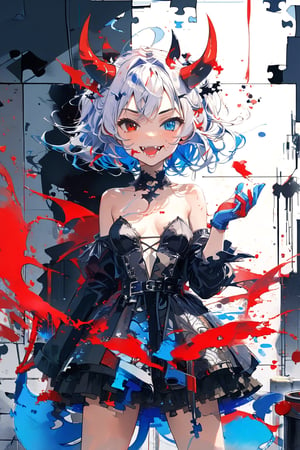 [Evil 😈TensorArt-chan:0.00]//quality, (masterpiece:1.331), (detailed), ((,best quality,)),//,//,1girl,solo,loli,//,(short twintails:1.331),(white hair:1.3),(blue hair:1.2),(colored inner hair:1.4),ahoge,glowing_hair,(demon horn:1.331),hair_accessories,(covered small_breasts:1.331), beautiful detailed eyes,glowing eyes,(blue eyes:1.21),(red eyes:1.1),(heterochromia:1.4),//,fashion,white jacket with logos,white crop top,blue bottom wear,red and blue gloves,(devil_tail:1.331),//,(,naughty_face:1.21),(smirk:1.331),(fangs,),facing at viewer,//,(((girl holds a huge red paint roller in her hands))),wall painting,(hands_up),,(wall:1.331),(back_against_wall),//(glitch effect: 1.331),(puzzle),straight-on,//,scenery,ink,