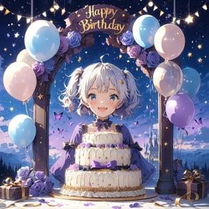 //quality, masterpiece, detailed, ,best quality, //, 1girl, solo, loli,, //, (short twintails: 1.4), (white hair: 1.4), (purple inner hair: 1.2), ahoge, (blue eyes: 1.4), beautiful detailed eyes, glowing eyes, //,ribbons, purple evening gown,purple long gloves, //, smiling, blush, happy face, cute_fangs, looking at viewer, facing viewer, //, cowboy_shot, straight-on, //,table, purple butterflies, purple rose, purple heart balloons, starry, night, scenery,cake, Birthday cake, huge cake,fantasy cake, cake focus, CakeStyle,cake with number "1",( cake with signboard text "HAPPY Birthday",),Text