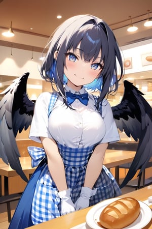 //quality, masterpiece:1.4, detailed:1.4, ,best quality:1.4,//,1girl, waitress,//,black_hair,hair intakes,short hair with long locks,blue inner hair, detailed eyes, glowing eyes, darkblue eyes,large chest,(black wings),big wings,wings focus,feather_wings, detailed wings,//, high-waist skirt, employee uniform, gingham apron, blue apron, blue skirt, short sleeves, white shirt, blue bowtie,blue bow,white gloves,//,blush, smile,looking_at_viewer,head_tilt,wince,//,dishes of bread,holding dishes of bread, (straight-on),//,vibrant colors,Colorful art,KRU, indoors,restaurant, table, ceiling, lights, cup,ink paint,pov,