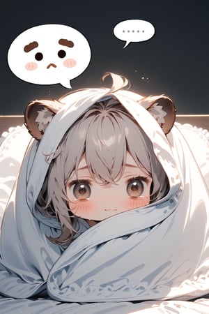 //quality, masterpiece:1.4, detailed:1.4,best quality:1.4,//,1girl,solo,//,raccoon girl,gray raccoon ears, animal ear fluff,gray hair, messy hair,ahoge, medium hair, brown eyes,detailed eyes,//,hair_accessories,accessories,pajamas,(wrapped blanket), white blanket,(head covering blanket),//,> <,blush,hold back one's tears, wavy_mouth, closed_mouth,bags_under_eyes,(bags under eyes),//,sitting on bed, (hiding under blanket),//,indoor,dark background, bedroom, white blanket,comfyblanket,chibi,tearing up,(((spoken speech bubble with Title Text "OK...")))