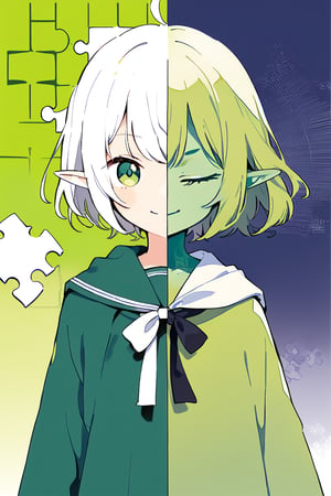 score_9, score_8_up, source_anime,//quality, masterpiece:1.4, detailed:1.4,best quality:1.4,//,(((green skin))),symmetry,puzzle,SplitScreen,upper body,(splitscreen of school uniform view and green cloak view),splitscreen,story book style,cute comic,colorful background,//,BREAK,1girl,goblin,pointed_ears,(((green skin))),ahoge,sidelocks,white hair, green eyes,//,medieval clothes, green cloak,//,smile,straight-on,//,BREAK,1girl,((green skin))),goblin,loli,ahoge,green hair,closed eyes, medium_hair, straight_hair,//,darkblue school_uniform,