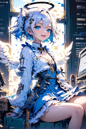 [Angel ଘ( ˊᵕˋ )ଓ TensorArt:0.00]//quality, (masterpiece:1.331), (detailed), ((,best quality,)),//portrait,//,1girl,solo,loli, (angel:1.331),//,(short twintails:1.331),(white hair:1.3),(blue hair:1.2),(colored inner hair:1.4),ahoge,(halo:1.331),hair_accessories,(small_breasts:1.331), blue eyes,beautiful detailed eyes,glowing eyes,(angel_wings),//,lolita,(white topwear:1.21),(blue_dress: 1.331),//, smile ,cute_fangs, looking at viewer,//, sitting,//,internet,line code,(data codes:1.331), (glitch effect:1.331),(scenery:1.331), computer, table,//,