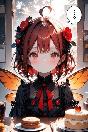//quality, masterpiece:1.4, detailed:1.4, best quality:1.4,//,1girl,solo,//,red hair,short hair,ahoge,sidelocks,beautiful detailed eyes,glowing eyes,red eyes,//,hair_flowers,(bee_wings),black gothic_lolita,/,blush,expressionless, closed_mouth,speech_balloon,looking_at_viewer, (spoken_ellipsis),...,//,sitting,//,indoors,desk,chairs,Details,Detailed Masterpiece,Deformed,while desk with a lot of cakes,drinks,cookies,//,close_up,straight-on,