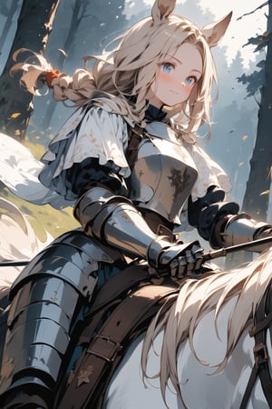 //quality, masterpiece:1.4, detailed:1.4,best quality:1.4,//,1girl,solo,royal knight,//,blonde_hair:1.3, long hair,(single braid),horse_ears,forehead,horse_tail, detailed eyes, blue eyes,//,detailed white armor,white cloak,puffy sleeves,gauntlets,leather_belt,//,blush, serious,light smile, closed_mouth,//,(riding on white horse),//, forest,wind effect, Medieval,