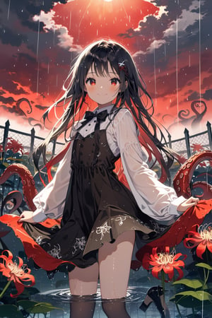 //quality, masterpiece:1.4, detailed:1.4,best quality:1.4,//(heavy raining),(red sky), (cloudy),fog, spider_lily_(flower),(garden),fence,//,1girl,solo,(loli),//, black_hair,long hair, straight_hair,sidelocks,red_eyes, detailed_eyes, glowing_eyes,//,(black dress), white shirt,bow,long_sleeves,(white sleeves),black shoes,(wet),wet hair,wet clothes,wet legs, (tentacles), tentacles dress,lots of tentacles,//,closed_mouth,smile, blush,looking_at_viewer,//,(Curtsy), lift black dress,//,horror,(straight-on),Deformed,red glowing light particles,red light spot,red back light,reflection 