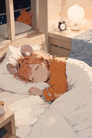 //quality, (masterpiece:1.331), (detailed), ((,best quality,)),//,(1girl),solo,(loli),cute,,//,(mouse_ears:1.3),(orange_hair:1.3),hairstyle, medium hair, ((,messy_hair,)),sidelocks,//,pajama,under covers,//,(eye_closed:1.3), smile,//, lying, sleeping,//, indoor,orange tone, bedroom, detailed room,aesthetic,night:1.3, futon,blue blanket,orange pillow,