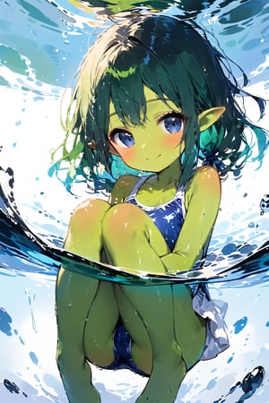 //quality, masterpiece:1.4, detailed:1.4,best quality:1.4,//,pointed_ears,((((green skin)))),1girl,loli,solo,sidelocks,green hair, medium_hair, straight_hair,blue_eyes,collarbone,covered_navel,//,(wet),wet_hair,blue school_swimsuits,//,(fetal position),hugging_own_legs,(floating under water),smile,swimming under water,legs up,//,(under water), White Tile Wall background,ink paint,