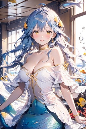 //quality, (masterpiece:1.4), (detailed), ((,best quality,)),//1girl,(mermaid:1.4),//,(blue_hair:1.3),ahoge,floating_hair, detailed_eyes,(yellow_eyes:1.2),(large_breasts:1.4),collarbone,cleavage//,white frilled,(off-shoulder,white clothes:1.4),//,light smile,:),blush,/,(facing_viewer, straight-on:1.4),first-person_view,(against_the_wall),//,(classroom:1.4),(indoors:1.3),detailed room, (underwater:1.2),(fish:1.2), bubbles,close_up portrait