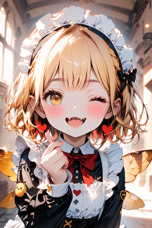 //quality, masterpiece:1.4, detailed:1.4, best quality:1.4,//,1girl,solo,loli,//,yellow hair,short_hair,yellow eye,one_eye_closed,(winking),//,bee_wings,bow,maid headband,hearts_symbols,white maid_costume with hearts_symbols,long_sleeves,white gloves,//, blush,mouth_open,smile,cute_fangs,//, walking,//,indoors,hallway,Deformed,Details,Detailed Masterpiece,blurry_background, close-up portrait,hand focus,perfect finger,(finger heart),double finger heart