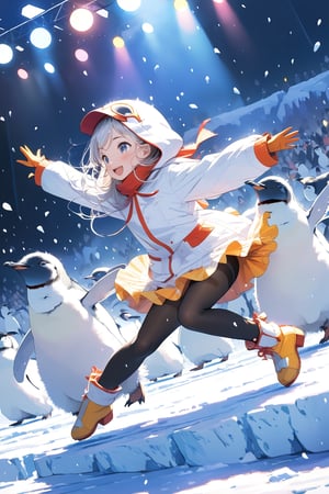 //quality, (masterpiece:1.331), (detailed), ((,best quality,)),//,1girl,(loli:1.1),//,white hair,detailed eyes,//,(penguin costume:1.3),(black and white penguin hood:1.4),(hood_up:1.1),long_sleeve, gloves,(black pantyhose:1.1), yellow boots,//,blush, happy_face,smile,//, (girl dancing with dancing penguins:1.3),(hugging_penguin:1.3),(jumping penguins:1.3),(dynamic pose),(one feet_up),//, lots of dancing penguins, (too many dancing penguins:1.3),cute, adorable,scenery,ice,ice land,ice and snow,Penguin ,Bird,Animal ,dynamic angle,3D cartoon, (on the stage:1.3),colorful stage,(colorful lights:1.3),audience under the stage, outdoor concert, 