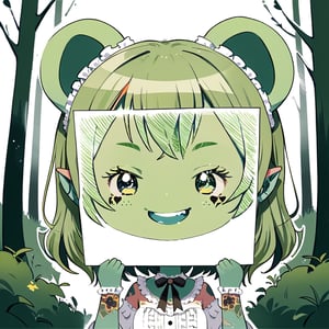 //quality, (masterpiece:1.4), (detailed), ((,best quality,))//,PaperLikeFace,//1girl,chibi,//,(goblin_ears:1.3),(green skin:1.4), medium_hair, straight_hair,//, lolita,//,happy_face, smile,//,holding paper,//paper, forest , body tattoo, face tattoo 