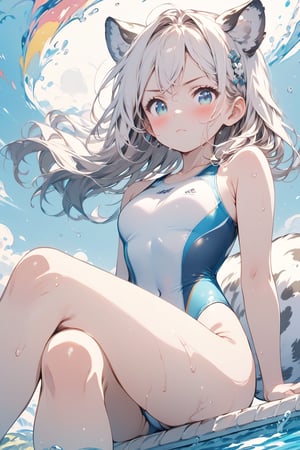 //quality, masterpiece:1.4,detailed:1.4,best quality:1.4,//,1girl,solo,//,white leopard_ears,white tail,white leopard tail,hairstyle, white hair,long_hair,single braided,braided_hair,shiny_hair,sidelocks,blue_eyes, detailed eyes,shiny_skin,//,hair_ornaments,ornaments,(white swimsuit),competition swimsuit,covered_navel,wet,wet_legs,//,serious,blush,looking_down,looking_at_viewer,closed_mouth,//,crossed_legs,sitting by the pool,//,swimming_pool,from_below,competitive swimsuit,Colorful art,Vivid Colors