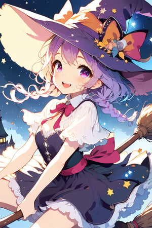 //quality, (masterpiece:1.3), (detailed), ((,best quality,)),//,extremely detailed CG,//,(1girl:1.3),solo,loli,(wizard:1.3),//,(purple hair:1.3),(twin braids:1.3), detailed eyes, purple eyes,(,glowing_eyes,sparkling_eyes:1.3),tiny_breasts,//,wizard costume, ribbon,brooch,stockings,//,blush,smile,mouth_open,teeth,//(,riding on magic broom:1.4),//,(night:1.3),moonlight,stars,star_(symbol),firefly,town scenery, flowers,violet,emo,wind_effect,magic_broom(, upper_body,aerial_view,from_side:1.2)