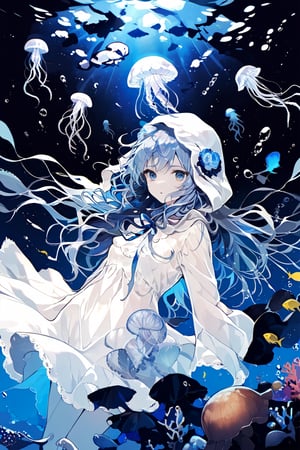 //quality, (masterpiece:1.331), (detailed), ((,best quality,)),//,illustration,//,1girl,jellyfish girl,//,(deepskyblue hair:1.331),(,long hair:1.21),hair_style,wavy_hair,sidelocks,(white jellyfish hood,:1.331),hood_up,see_through,long sleeves,medium breasts,pale skin,beautiful detailed eyes, blue eyes,eye_glow,//,expressionless,//,floating,floating in the sea,//,(underwater:1.331),kelp,coral,jellyfish,white tentacles,//,dal,aesthetic,