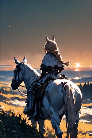 //quality, (masterpiece:1.331), (detailed), ((,best quality,)),//,(1girl),royal knight,(horse_girl:1.3),//,(blonde_hair:1.3),hairstyle, long hair, ((,single braid,)),(horse_ears:1.2),(horse_tail:1.2),//,(detailed white armor:1.1),armored dress,(white cloak),black pantyhose,//, (white horse, riding white horse:1.4)//,(sunset:1.4), (horizon:1.2), forest, dirt, nature,scenery,(mid_shot:1.4),(wide_shot:1.3),(from_behind:1.2),