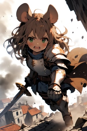 //quality, masterpiece:1.4, detailed:1.4,best quality:1.4,//,1girl,solo,mouse girl,knight,//,brown mouse ears, animal ear fluff, brown mouse tail,brown hair,long hair, messy hair, green eyes,//,white armor, cracked armor, broken armor,leather belt,gauntlets,//, (dirt),dirt face, injured,wounded face, sweaty,angry,blush,serious,looking_at_viewer,mouth_opened, teeth, sweaty,//, (holding sword),from above, straight-on, (running on rooftop),//,, Europe medieval, town, destroyed buildings, destruction,fire,flame ,dust,dust effect,smoke, ink paint,facing_viewer, 