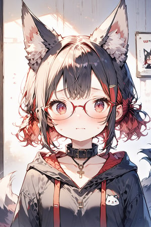 //quality, masterpiece:1.4, detailed:1.4, ,best quality:1.4, //, 1girl, cute,solo,Tekeli,//,black fox ears,animal ear fluff,black fox tail,black hair,red inner hair,short ponytail,sidelocks,red eyes,collarbones,small_chest,//,red_glasses,cross_necklace, black hoodie,hood_down,//,(blushing),blush,sweat_drop,stripes of blushing,flushed,wavy_mouth, embarrassed, surprised,looking_at_viewer,//, (spoken_ellipsis) ,close-up portrait,upper_body,(holding white lace-trimmed panties),presenting panties,panties focus,(straight-on),//,indoor, detailed room background,(holding panties)