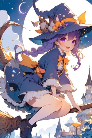 //quality, (masterpiece:1.3), (detailed), ((,best quality,)),//,illustration,//,(1girl:1.3),solo,loli,(wizard:1.3),//,(purple hair:1.3),(twin braids:1.3), detailed eyes, purple eyes,(,glowing_eyes,sparkling_eyes:1.3),tiny_breasts,//,wizard costume, ribbon,brooch,stockings,//,blush,smile,mouth_open,teeth,//(,riding on magic broom:1.4),//,(night:1.3),moonlight,stars,star_(symbol),firefly,town scenery,flowers,violet,,wind_effect,magic_broom,watercolor \(medium\)