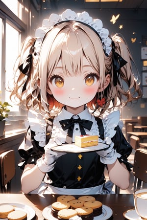//quality, masterpiece:1.4, detailed:1.4, best quality:1.4,//,1girl,solo,loli,//,blonde hair,two_side_up,short_hair,drill_hair, detailed eyes,yellow eyes,//,bee_wings,bow,maid headband,white maid_costume with clover_symbols,black clover symbols,white gloves,//,closed_mouth,blush,light smile,(holding cookies),//,indoors,desk,chairs,Details,Detailed Masterpiece,Deformed,while desk with dishes of cakes,drinks,cookies,//,closeed_up