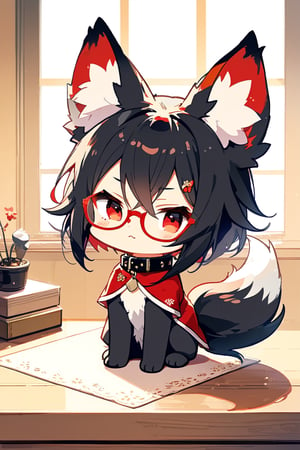//quality, (masterpiece:1.3), (detailed), ((,best quality,)),//,(,fox only,chibi,solo,animal:1.4),(,no humans:1.4),//(,fluff fox, animal ear fluff),(black fox:1.2), (black hair, shot ponytail,red inner fluff),cute fox,red_eyes,( black fox_tail with red inner fluff),(glasses:1.2),:<,blushing,(collar),indoors, on table,