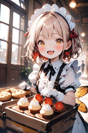 //quality, masterpiece:1.4, detailed:1.4, best quality:1.4,//,1girl,(solo),loli,//,yellow hair,short_hair,yellow eyes,//,bee_wings,hearts_symbols,bow,maid headband,hearts_symbols, white maid_costume, (white gloves),//, blush, mouth_open, smile,cute_fangs,//,running,hands pushing the (meal delivery cart) with cakes,drinks,cookies,//,(indoors),hallway,Deformed,Details,Detailed Masterpiece,motion_blur,blurry_background