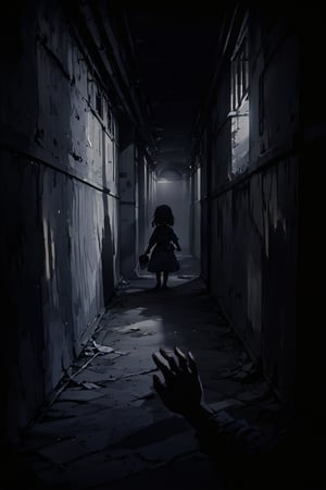 //quality, (masterpiece:1.331), (detailed), ((,best quality,)),//,(,first-person_view,pov hand on wall:1.3),one child standing at the shadow,dimly lit hallway,(abandoned and dirty hallway:1.3),night,dark background,dark anime,creepy, horror