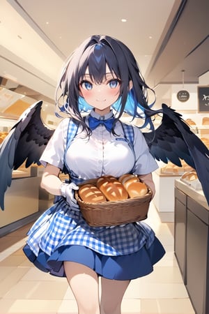 //quality, masterpiece:1.4, detailed:1.4, ,best quality:1.4,//,1girl, waitress,//,black_hair,hair intakes,short hair with long locks,blue inner hair, detailed eyes, glowing eyes, darkblue eyes,large chest,(black wings),feather_wings, detailed wings,//, high-waist skirt, employee uniform, gingham apron, blue apron, blue skirt, short sleeves, white shirt, blue bowtie,blue bow,white gloves,//,blush, smile,//, walking,holding basket of bread, cowboy_shot,//,vibrant colors,ink paint,Colorful art,KRU, indoors,(bread shop),