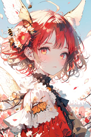 //quality, (masterpiece:1.4), (detailed), ((,best quality,)),//, cloes-up portrait,1girl,solo,loli,bee_girl,//, (red hair:1.3), short hair,antenna_hair,sidelocks,hair_flowers, beautiful detailed eyes,glowing eyes,red eyes,//,(sparking bee_wings:1.3),red_dress,
,//, blush,expressionless,looking_at_viewer, first-person_view,//,,//, scenery, outdoors, flower_petals,flying_petals, flowers petals floating in air,((bees)), (straight-on:1.3),//,emo,aesthetic,Beautiful girl 