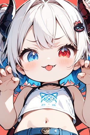 Σ(*ﾟдﾟﾉ)ﾉ The TensorArt-chan//,quality, masterpiece:1.4, detailed:1.4, best quality:1.4,//,1girl,solo,loli,cute,//,(short twintails),two side up,(white hair),(blue inner hair),ahoge,(devil horns),hair_accessories,beautiful detailed eyes,glowing eyes,(blue eye),red eye,((heterochromia)),navel,//,fashion,white crop top,white shirt,sleeveless_shirt,gloves,belt,blue skirt,//,evil smile,naughty_face,blush,smirk,frowning,cute_fangs,(tongue out),looking at viewer,looking down,//,(hands_up),(claw pose),paw pose, straight-on,//,light red_background,simple_background,close up portrait,upper_body,stickers,outline ,Deformed,sticker,chibi,chibi style,((Chibi character))