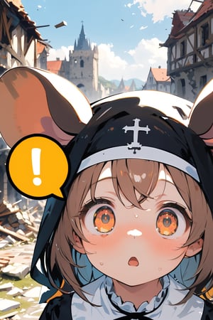 //quality, masterpiece:1.4, detailed:1.4,best quality:1.4,//,1girl,(solo),loli,//, brown mouse_ears,mouse_tail,animal ear fluff, medium hair, brown hair, detailed eyes, orange eyes,//,(black nun costume),//,sweat_drop,sweaty,(wide-eyed),shocked_eyes,(constricted pupils), shocked,mouth open, (close-up portrait), straight-on,(spoken_exclamation_mark),!,//, Europe medieval,destruction, destroyed building, (blurry background),