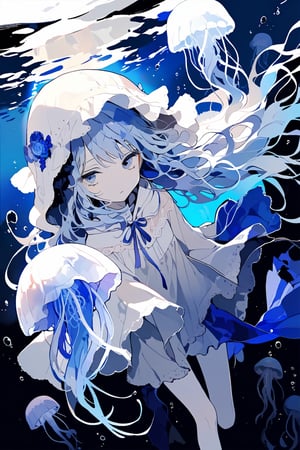 //quality, (masterpiece:1.331), (detailed), ((,best quality,)),//,illustration,//,1girl,jellyfish girl,//,(deepskyblue hair:1.331),(,long hair:1.21),hair_style,wavy_hair,sidelocks,(white jellyfish hood,:1.331),hood_up,see_through,long sleeves,medium breasts,pale skin,beautiful detailed eyes, blue eyes,eye_glow,//,expressionless,//,floating,floating in the sea,//,(underwater:1.331),kelp forest,jellyfish,white tentacles,//,dal,aesthetic,