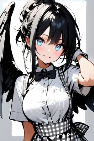 //quality, masterpiece:1.4, detailed:1.4, ,best quality:1.4,//,1girl,solo, waitress,//,black_hair,hair intakes,short hair with long locks,blue inner hair, detailed eyes, glowing eyes, darkblue eyes,(large chest),(black wings),big wings,feather_wings, detailed wings,//, bow, bowtie, white shirt, short sleeves, apron, gingham apron, employee uniform, high-waist skirt,white gloves,//,blush, smile,looking_at_viewer,head_tilt,wince,winking,;),//,hands_raised,adjusting_hair,close-up portrait,//,paper drawing,Sketch book,(Sketch),rough stretch,(Gray scale),(Monochrome),Pencil sketch,flat style,kobeya uniform