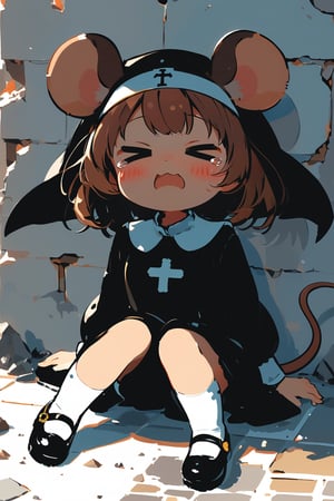 //quality, masterpiece:1.4, detailed:1.4,best quality:1.4,//,1girl,(solo),loli,//, brown mouse_ears,mouse_tail,animal ear fluff, medium hair,bangs, brown hair, closed_eyes,//,(black nun costume),white stockings, shoes,//,> <,>_<,><, blush, scared,fear,sweating,tearing_up,wavy_mouth,,//, looking_up, holding branches over head,hand raised above head, sitting, against_the_wall,//, wall,stone floor,destruction, destroyed buildings, fire,no humans background, straight-on, under shadow,cute,dal-6 style,(from_above)